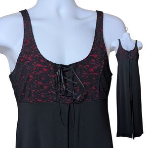 Vintage Rocket Candy Black Red Lace Gothic Maxi slip corset front Dress Large